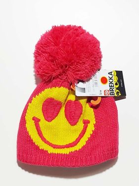 Muts, roze met smiley en pompon
